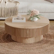 Mesa de centro redonda moderna de madera maciza chapada con almacenamiento