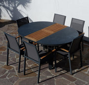 ALEOS. Conjunto de jardín, set de aluminio y teca con mesa redonda extensible de 120 cm a 160 cm + 6 sillas apilables, color antracita Trinidad