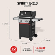 Barbacoa de gas Weber Spirit E-210, 2 quemadores, superficie de cocción de 51 x 46 cm, rejilla de calentamiento, termómetro en la tapa, 2 ruedas - Negro/Plata (1500833)