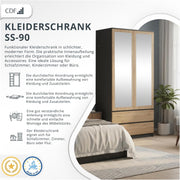 Armario infantil CDF de 90 cm de ancho, armario multiusos de 2 puertas con espejo, 2 cajones, 4 estantes y 1 barra para ropa, tablero laminado de 16 mm, armario multiusos, roble artisan/antracita