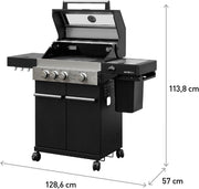 Barbacoa de gas Hektor 3B-S incl. asador giratorio y funda protectora con 3 quemadores, quemador Sear, parrilla de hierro fundido, hornillo lateral, ventana de visualización y termómetro para jardín y terraza