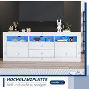 Mueble para TV Merax con iluminación LED, mueble bajo de 160 cm en blanco de alto brillo, sistema de apertura por presión, gran espacio de almacenamiento para salón, control por Bluetooth para la iluminación LED