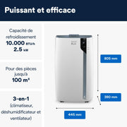 Climatiseur portable De'Longhi Pinguino PAC EX105 avec technologie EcoRealFeel 10 000 BTU/h, pour pièces jusqu'à 100 m³, fonction déshumidification et ventilation, minuterie 24 heures, classe
