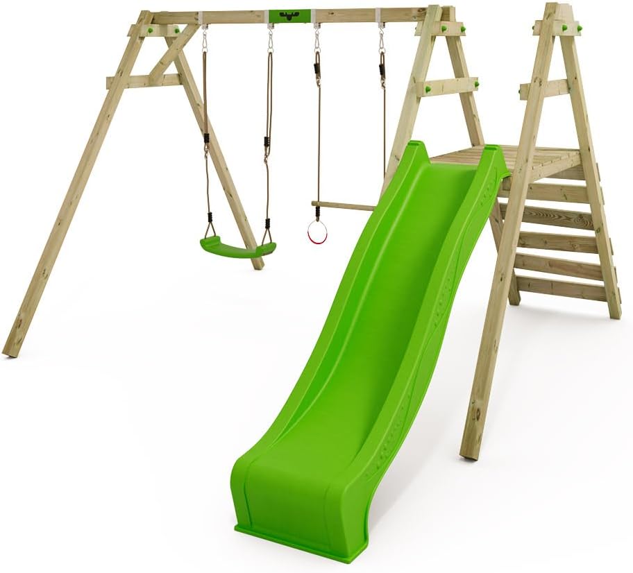 FATMOOSE Columpio JollyJack - Doble con tobogán verde manzana y anexo para trepar, de madera para niños en el jardín