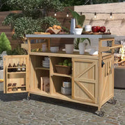 Isla de cocina para exteriores con cubierta de acero inoxidable, carrito de cocina de madera con puertas, estantes y especiero, isla de cocina con ruedas