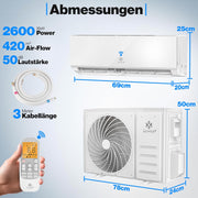 KESSER® Set de aire acondicionado Split - con función WiFi/App - Refrigeración A++/ Calefacción A+ - 9000 BTU/h (2600 vatios) Refrigerante R32 - Mando a distancia, función de temporizador - Incluye material de montaje completo
