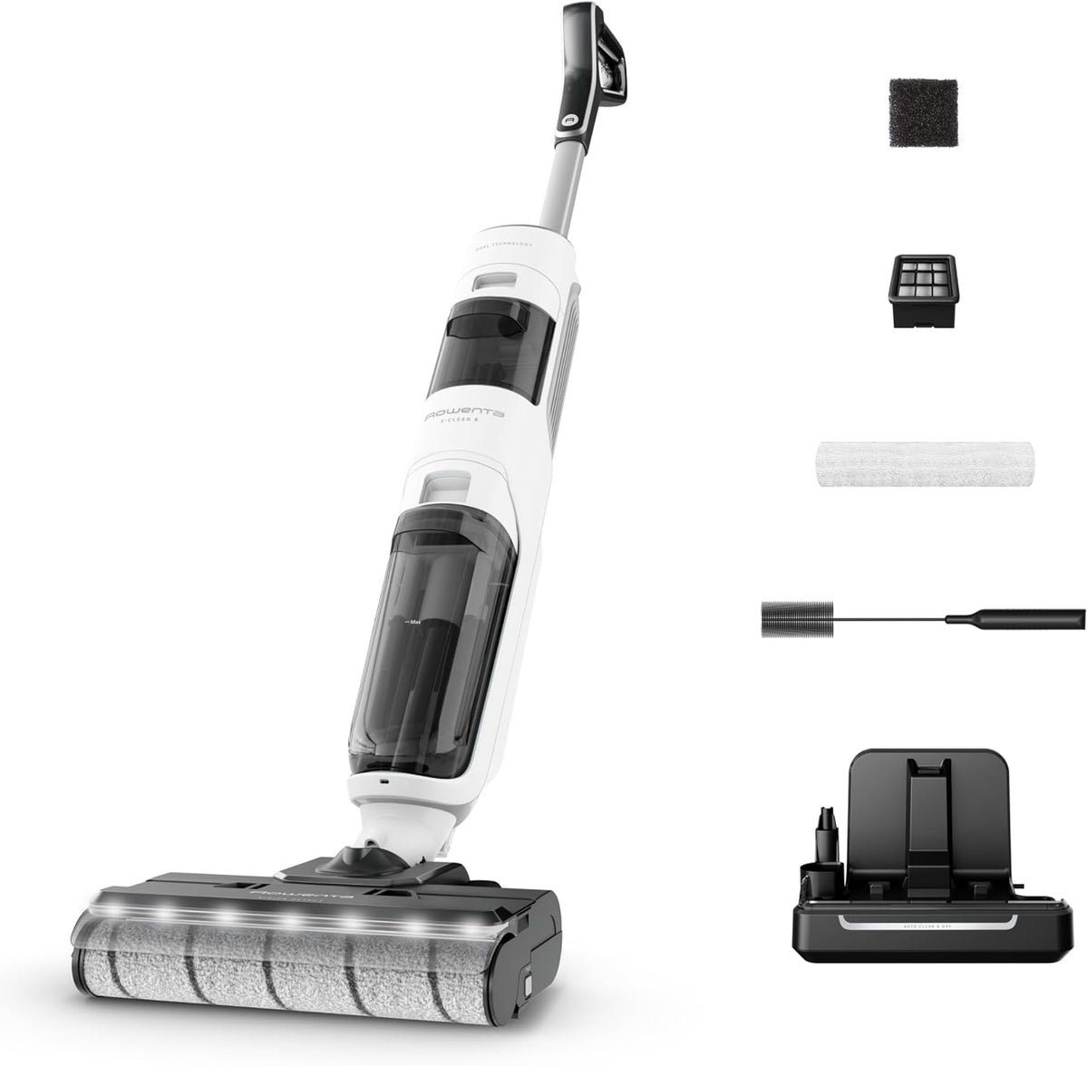 Rowenta X-Clean5, Aspiradora fregona sin cable, limpieza 2 en 1, modo de detección automática, iluminación LED, autolimpieza, secado con aire caliente, GZ5557EE, blanco/negro