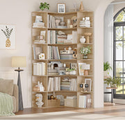 Estantería esquinera de pie FirFurd de 185 cm, librería rinconera con 6 niveles, armario esquinero en forma de L, vitrina de esquina para despacho, salón o cocina, 80 x 84 x 185 cm, roble