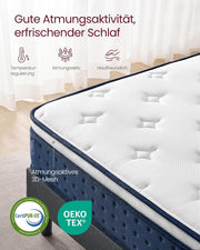 Colchón VASAGLE, 140 x 200 x 25 cm, colchón de muelles ensacados de espuma viscoelástica con gel, firmeza media, H3, soporte de 7 zonas, aislamiento de movimiento, funda transpirable, azul RMZ224QZ02