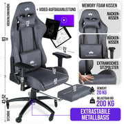 Silla gaming ergonómica con reposapiés 150 kg reposabrazos 4D espuma viscoelástica ruedas silenciosas antracita