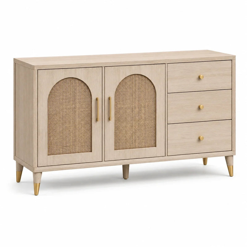 Aparador de madera manufacturada con frentes de rejilla, color natural y dorado, 140 × 40 × 80 cm