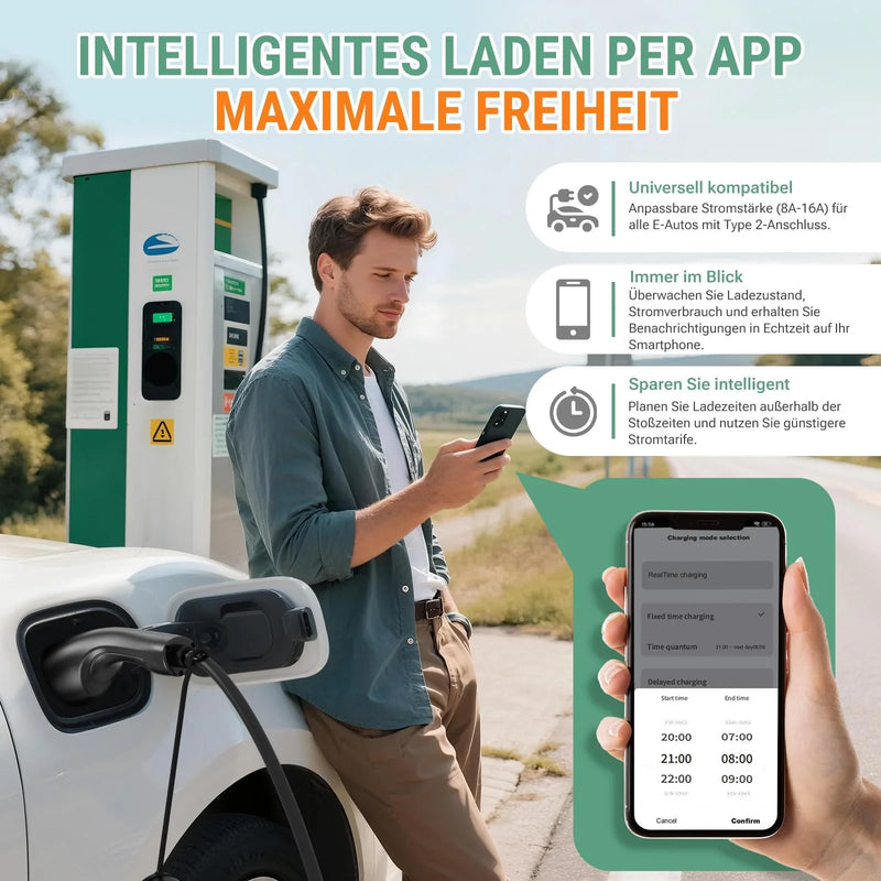 Wallbox portátil 11 kW con app, 400 V, 16 A, trifásica, cable de carga tipo 2 de 7,6 m, CEE, IP66, OLED, montaje mural para coches eléctricos