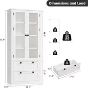 Alacena de cocina estilo granja con puertas de vidrio, armario de almacenamiento de 72 pulgadas con cajones y estantes ajustables para comedor, baño y sala de estar