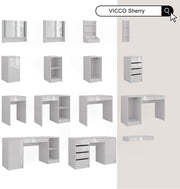 Tocador Vicco Sherry, blanco/blanco alto brillo, 158,2 cm, 5 piezas, con iluminación LED y taburete acolchado
