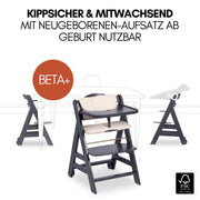 Hauck Beta+ Trona con set para recién nacidos y hamaca premium - Gris oscuro | Trona de madera evolutiva con ruedas desde el nacimiento hasta los 90 kg | incluye adaptador para recién nacidos, bandeja para comer y cojín de asiento