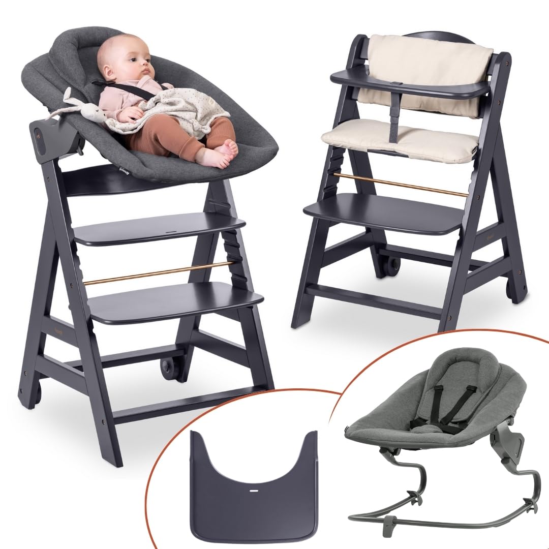 Hauck Beta+ Trona con set para recién nacidos y hamaca premium - Gris oscuro | Trona de madera evolutiva con ruedas desde el nacimiento hasta los 90 kg | incluye adaptador para recién nacidos, bandeja para comer y cojín de asiento