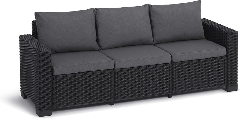 Allibert by Keter California Sofá de jardín de 3 plazas con cojines de asiento y respaldo, de plástico, aspecto ratán, redondo, grafito/gris frío, 199 x 68 x 72 cm