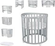 Cuna ovalada evolutiva Waldin, set completo 7 en 1, cuna de barrotes, cama infantil con colchón, cambiador, cuna colecho, madera blanca