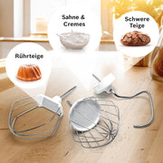 Procesador de alimentos Bosch Serie 4 MUM56340, bol de 3,9 L, batidora de 1,25 L, picadora de carne, exprimidor, sistema de mezclado planetario, gancho para amasar, varillas batidoras y mezcladoras, cortador-rallador, 3 discos, 900 W, plata/gris