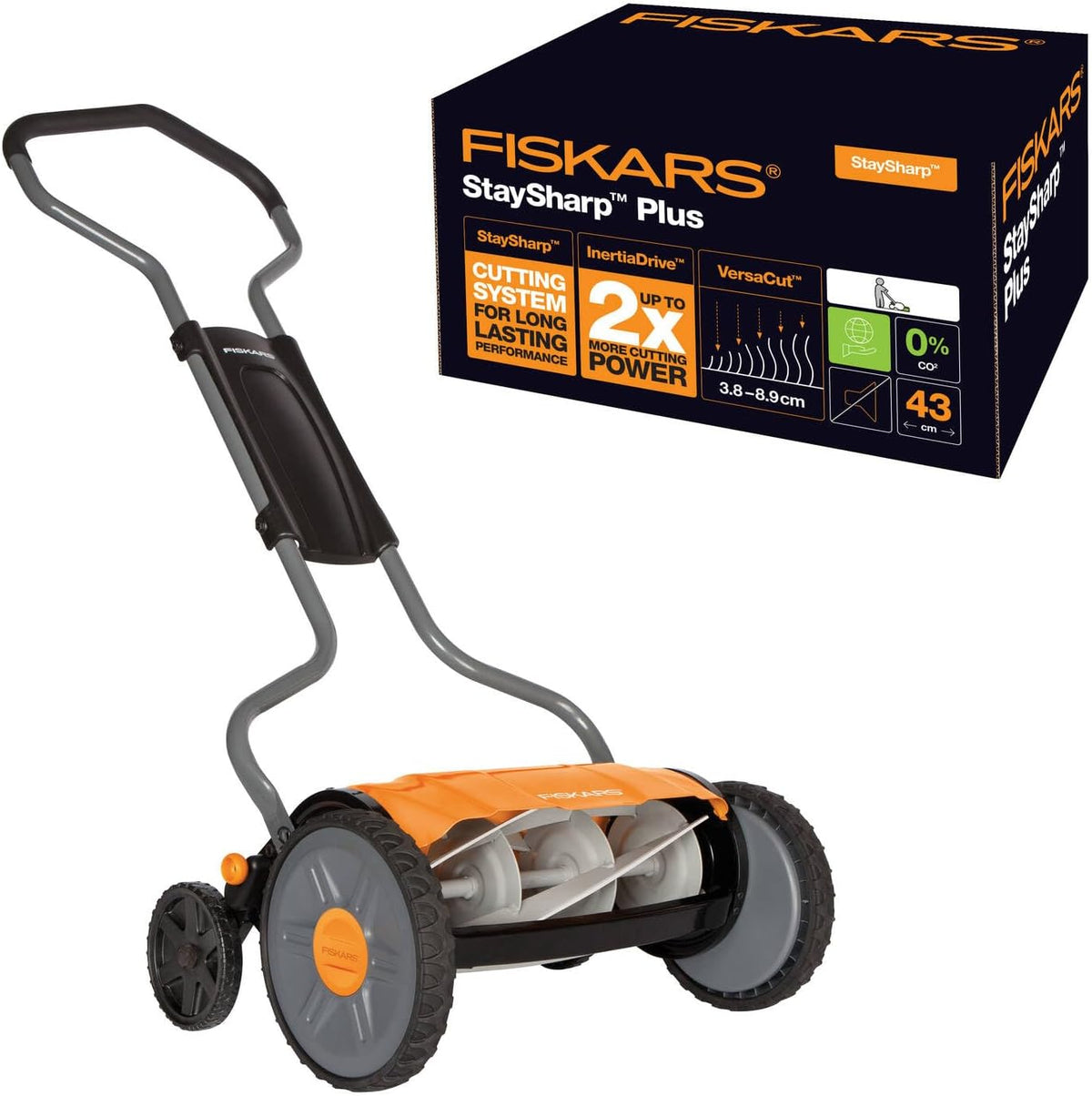 Fiskars Cortacésped manual, Cortacésped helicoidal con sistema de corte sin fricción, Ancho de corte: 43 cm, StaySharp Plus, Negro/Naranja/Plateado, 1015649