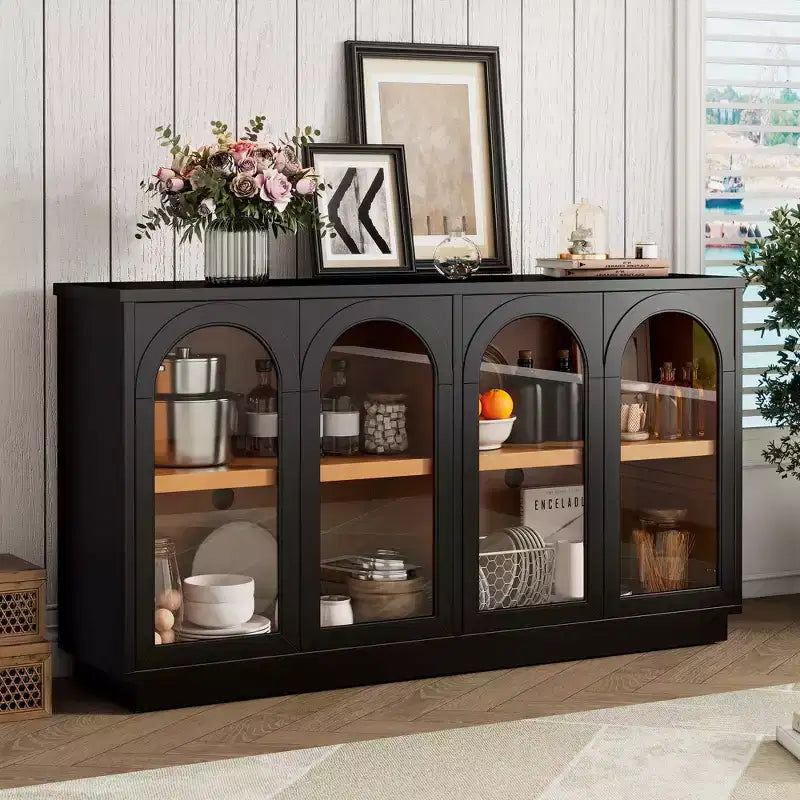 Aparador grande de 4 puertas con puertas de vidrio, gabinete arqueado con estantes ajustables para cocina