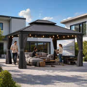 PURPLE LEAF Gazebo de jardín 3,65 x 4,25 m, pabellón de aluminio impermeable, estable y resistente al invierno, cenador con techo rígido de acero, 14,6 m², 24 luces LED, gris