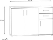 Cómoda Forte IKOLI 120, cómoda moderna, 3 puertas, 2 cajones, salón/dormitorio, pasillo, madera derivada, blanco con decoración de roble Sonoma, 119,6 cm de ancho x 81,7 cm de alto x 31,4 cm de fondo
