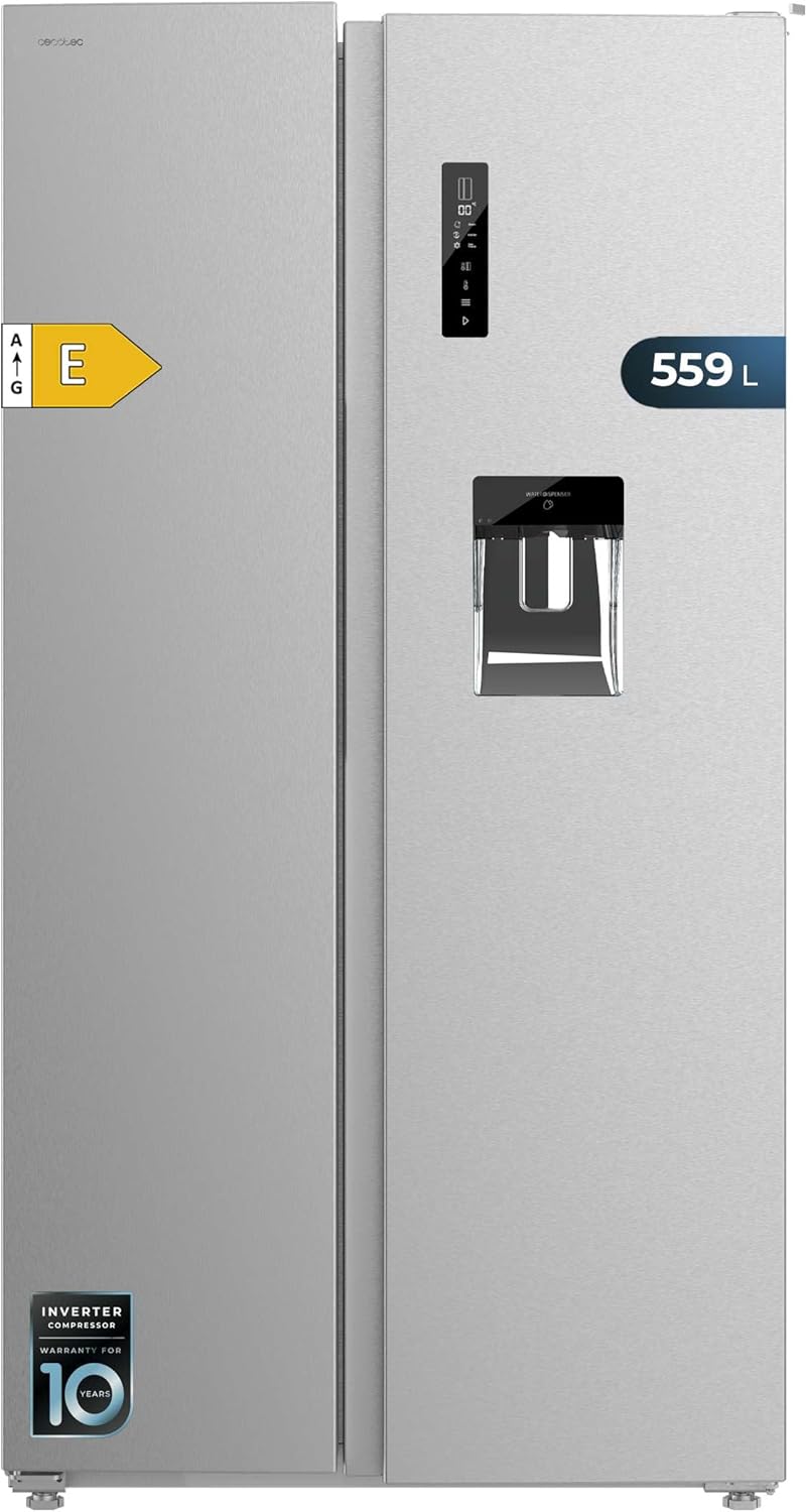 Frigorífico americano Cecotec Bolero CoolMarket SBS 559 Inox E, 559 L, 177 cm x 90 cm, Clase E, Sistema Multi Air Flow, Total No Frost, Motor Inverter Plus, Enfriamiento rápido, Modo Eco, Alarma de puerta