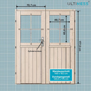 Puerta de madera de abeto nórdico para caseta de jardín, doble hoja, 141x177 cm | Cristal real, incluye juego de manillas y umbral de aluminio, puerta de jardín para cobertizo, puerta exterior de madera para taller