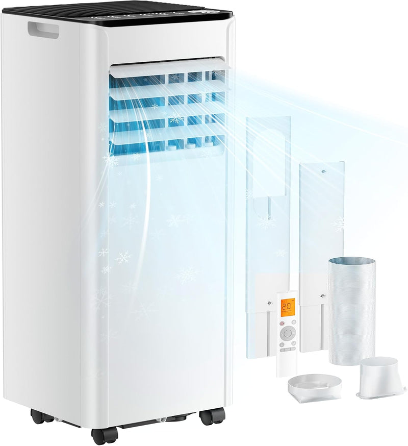 Aire acondicionado portátil 9000 BTU con tubo de escape | Aire acondicionado móvil 4 en 1 | Funcionamiento silencioso | Pantalla digital + mando a distancia | Kit de instalación para ventana | Temporizador de 24h | Para habitaciones de hasta 25 m²