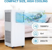 Aire acondicionado portátil 7000 BTU 2,05 kW, 3 en 1: refrigeración, deshumidificador 36 l/día, ventilador, modo nocturno, temporizador de 24 h, control remoto, para habitaciones de hasta 28 m², kit de evacuación para ventana incluido