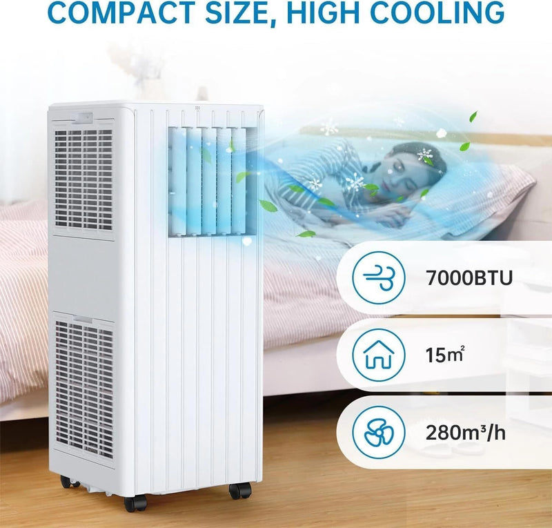Aire acondicionado portátil 7000 BTU 2,05 kW, 3 en 1: refrigeración, deshumidificador 36 l/día, ventilador, modo nocturno, temporizador de 24 h, control remoto, para habitaciones de hasta 28 m², kit de evacuación para ventana incluido