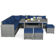 Conjunto de muebles de comedor para patio de 7 piezas de ratán con sofá seccional, mesa de comedor, otomanas y cojines