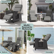 UDPATIO Sillón de ratán para jardín, reclinable, tumbona ajustable a 150°, con respaldo ajustable, fundas y cojines extraíbles, impermeable, para interior y exterior - Gris