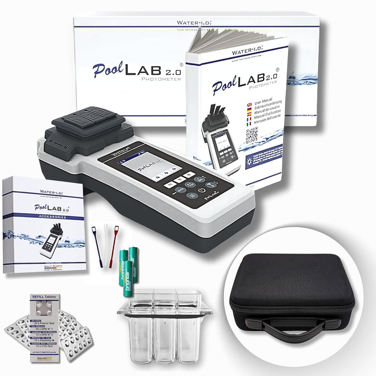 PoolLab 2.0 con 70 pastillas de prueba y bolsa, edición especial para MediMuc - 24 parámetros - App, software - Mide hasta 3 parámetros en una sola prueba + maletín de almacenamiento vacío