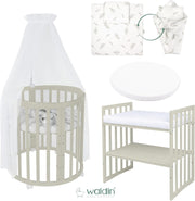 Cuna ovalada evolutiva Waldin, set completo 7 en 1, cuna de barrotes, cama infantil con colchón, cambiador, cuna colecho, madera blanca