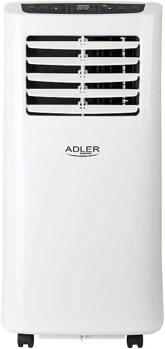 Aire acondicionado portátil Adler AD 7909, 3 modos de funcionamiento, 2 velocidades de ventilador, deshumidificador, mando a distancia, temporizador, climatizador portátil para estancias de hasta 20 m², 7.000 BTU/h, clase energética A, 792 W, blanco