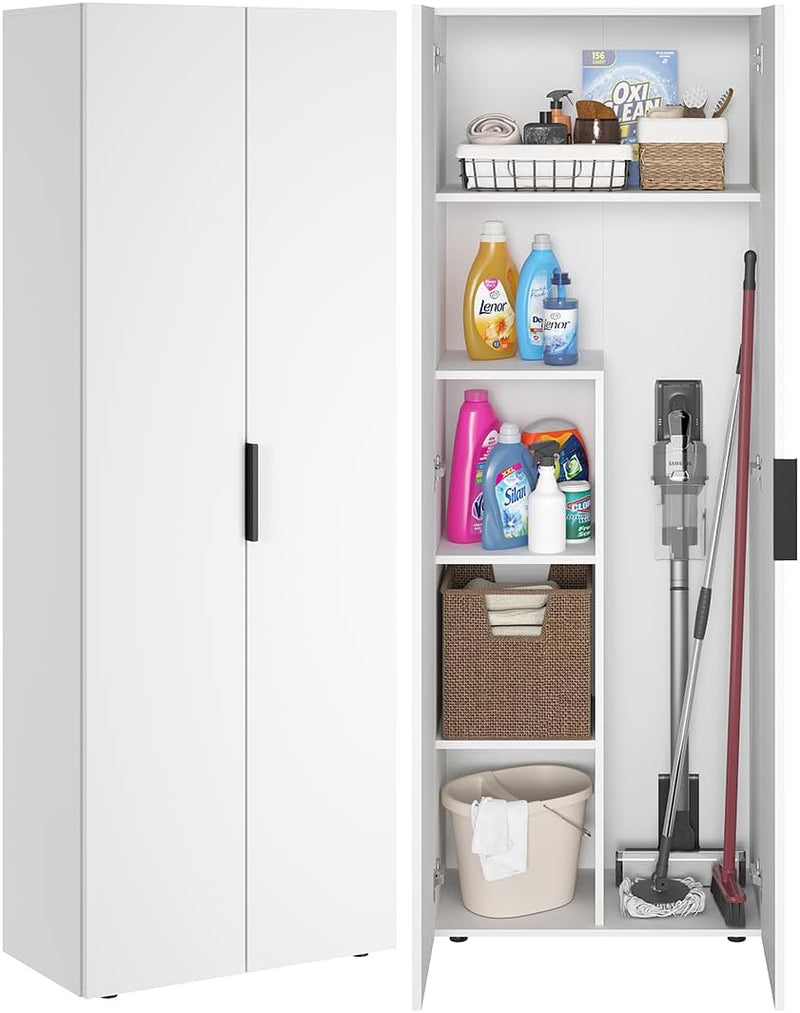 Armario multiusos Bellamio Lurio – armario escobero de madera blanco con tirador negro – armario de pasillo con 5 compartimentos incl. espacio para aspiradora – armario para el hogar – armario despensero – armario de limpieza 176 x 33 x 60 cm