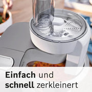 Procesador de alimentos Bosch Serie 4 MUM56340, bol de 3,9 L, batidora de 1,25 L, picadora de carne, exprimidor, sistema de mezclado planetario, gancho para amasar, varillas batidoras y mezcladoras, cortador-rallador, 3 discos, 900 W, plata/gris