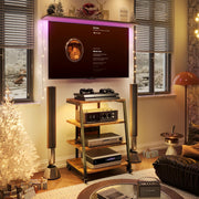Rack HiFi de madera de 4 niveles con regletas y estante ajustable | Mesa para tocadiscos con ruedas y luces LED, estante para sistema estéreo, soporte multimedia para audio, equipos de sonido, TV, 60x52x78 cm