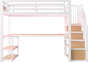 Cama alta de metal Kebnor con escalera de almacenamiento con estantes y mesa, diseño de valla de seguridad con tablones de metal empalmados, cama con estructura de hierro alta con marco de metal para mayor estabilidad (Blanco 90 * 200 cm)