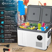 Nevera portátil con compresor KESSER 2 en 1 de doble zona, refrigeración y congelador eléctrico con 2 acumuladores de frío y panel táctil LED | Refrigerador con enfriamiento hasta -20 °C para camping, coche, camión 12/24V 230V