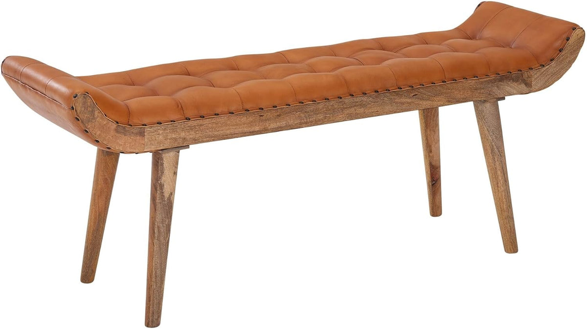 FineBuy Banco de cuero auténtico/madera maciza, color marrón, 125x50x38 cm, diseño Chesterfield, banco tapizado para recibidor, banco de cuero para pie de cama, para 2 personas, banco de recibidor moderno