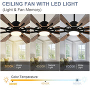 Ventilador de techo con luz, control remoto y 8 aspas grandes de madera