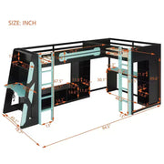Litera tipo loft en forma de L para juegos con escritorios, litera doble con luces LED, puertos USB, estanterías de almacenamiento, cama alta esquinera de madera para 2 personas
