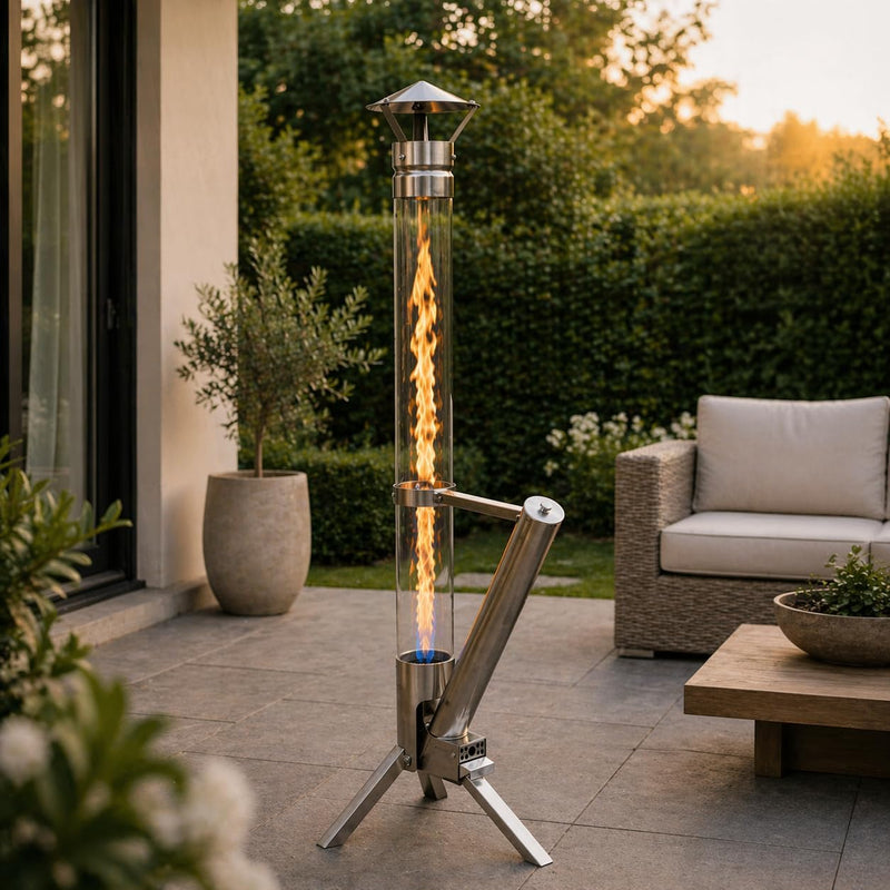 Eden Outdoor Feuerrohr Klassik, columna de fuego de acero inoxidable y antorcha de pellets, elegante calefactor de patio y chimenea de jardín, fogón de terraza con estilo, duradero y resistente a la intemperie, alternativa para tu terraza y