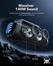 Altavoz para exteriores soundcore Boom 2 Plus, 140W, canal 2+2, BassUp 2.0, 20h, carga rápida, resistente al agua IPX7, luces RGB, USB-C, banco de energía, BT 5.3, altavoz Bluetooth portátil, camping