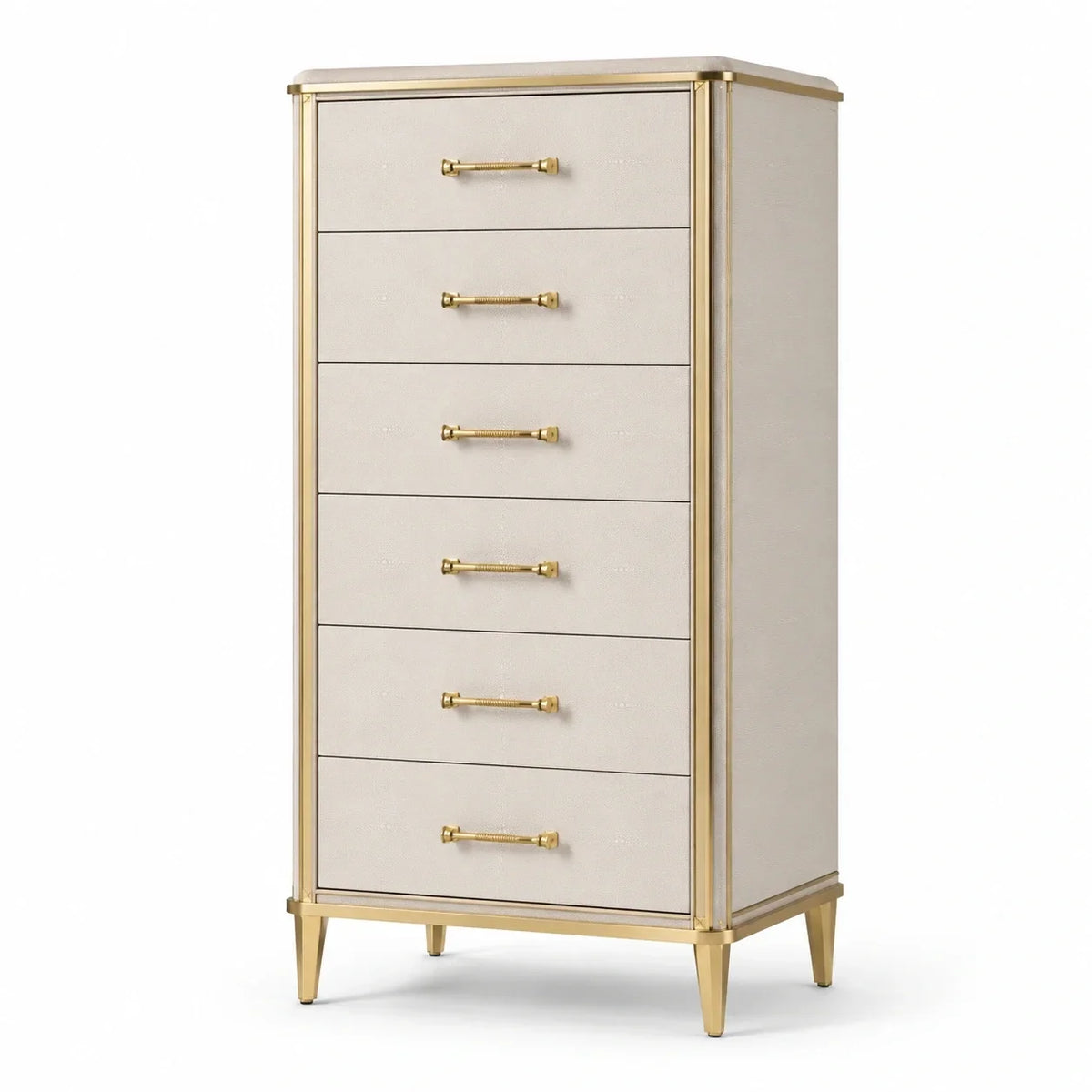Cómoda de madera y metal con 6 cajones en beige y dorado