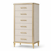 Cómoda de madera y metal con 6 cajones en beige y dorado