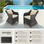 tectake® Set de 2 sillas de jardín de polirratán y aluminio, mobiliario de jardín con 2 sillones, resistente a la intemperie, sillón de jardín de ratán con cojines suaves, funda extraíble y lavable, estable y protector de suelos - gris
